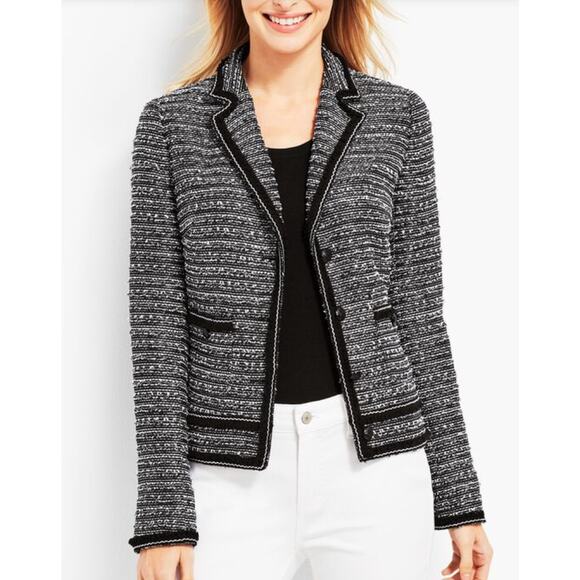 TALBOTS Black White Fringe-Trim Tweed Jacket Blazer Size 4P - Picture 1 of 12